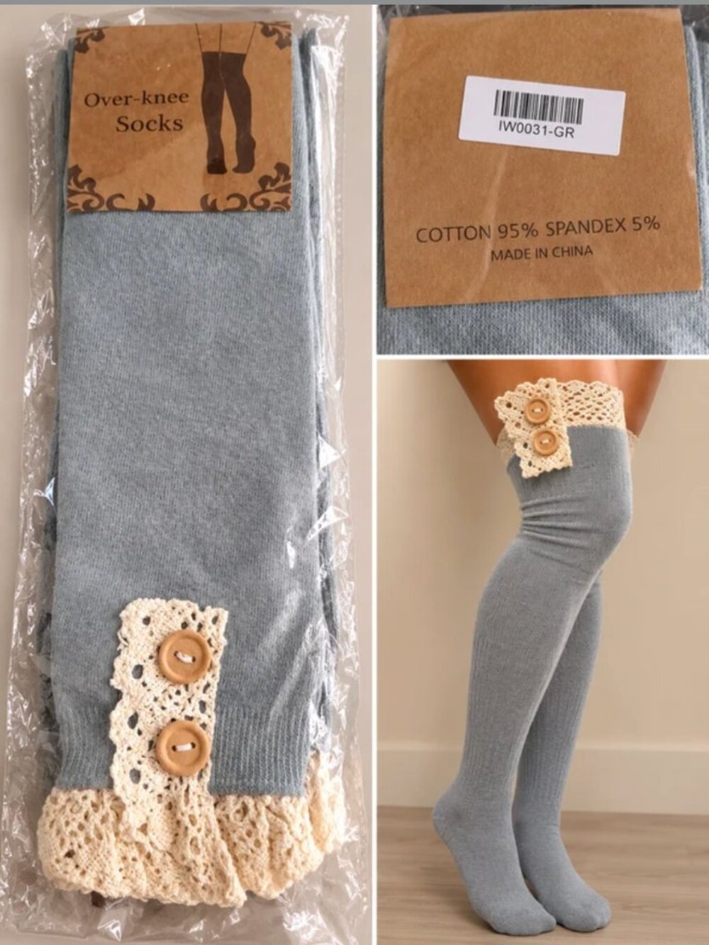 Gray light blue Over-the-Knee Socks NWT – Crochet Lace & Button Detail – New